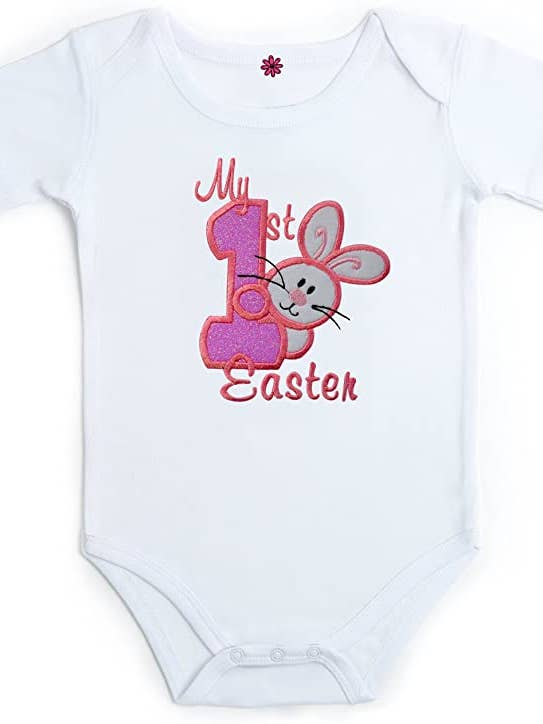 My First Easter Baby Girl's Embroidered Bodysuit with Sparkling Glitter for wholesale by Funny Girl Designs