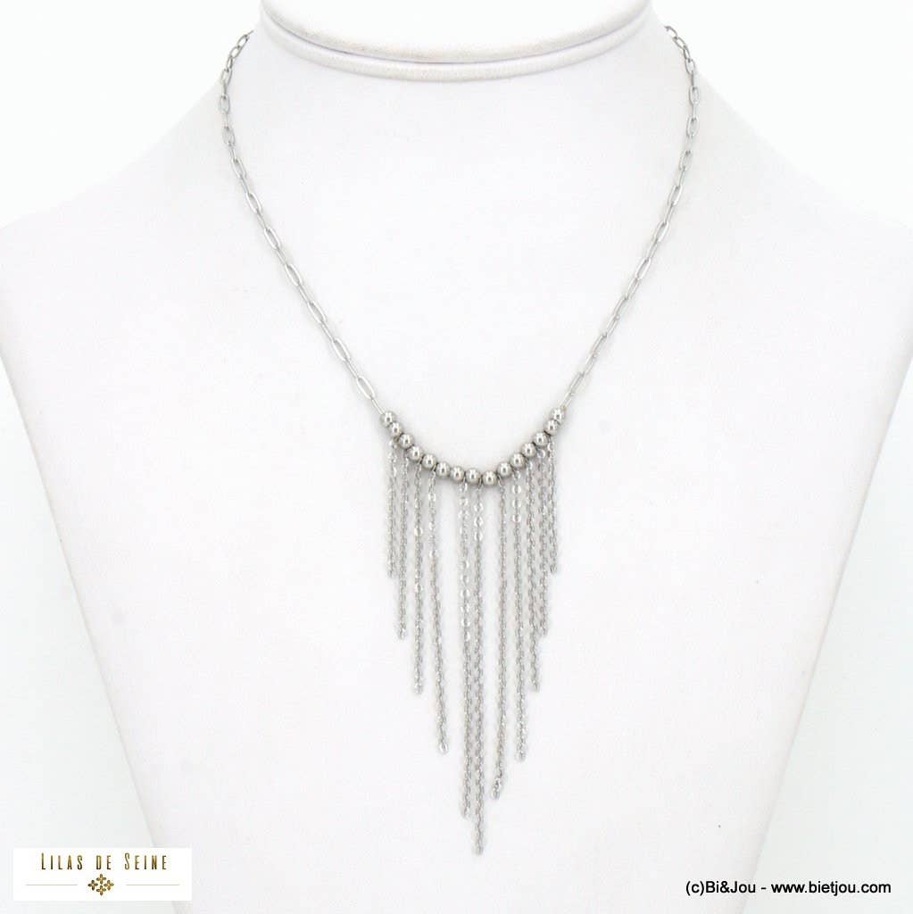 Lilas de Seine - Wholesale Bib Necklace - Stainless steel necklace, chains, fringes and balls 01225340