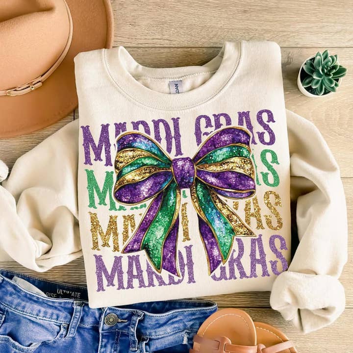 Wholesale Mardi Gras Glitter Bow Words Sweatshirt - Sand for wholesale by Lasting Impressions CT