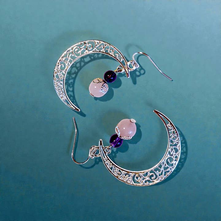 Earrings, Half Moons with Amethyst and Rose Quartz for wholesale by Funky Aura Boutique