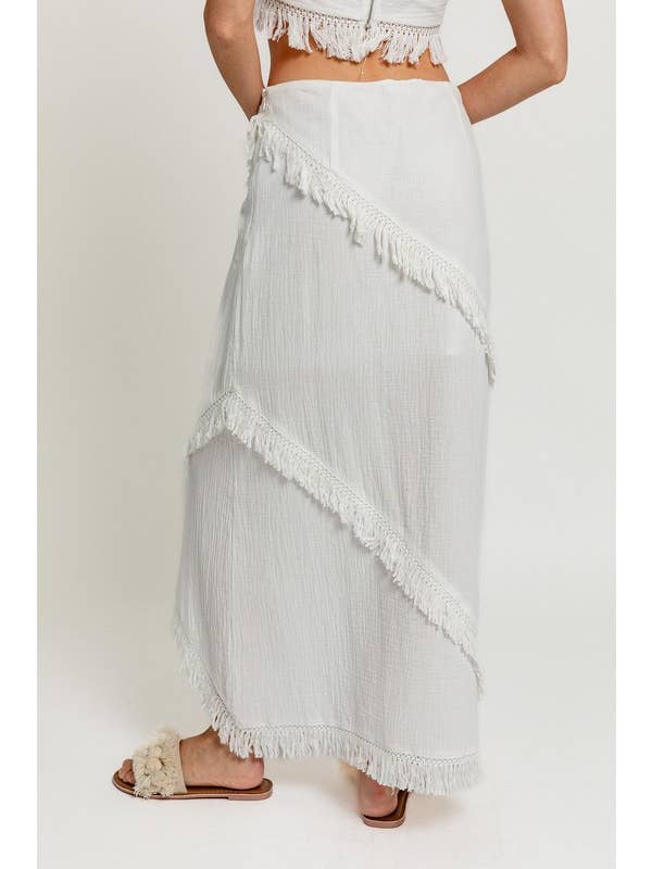 White LOW WAIST FRINGE TRIMMED MAXI SKIRT for wholesale on Faire
