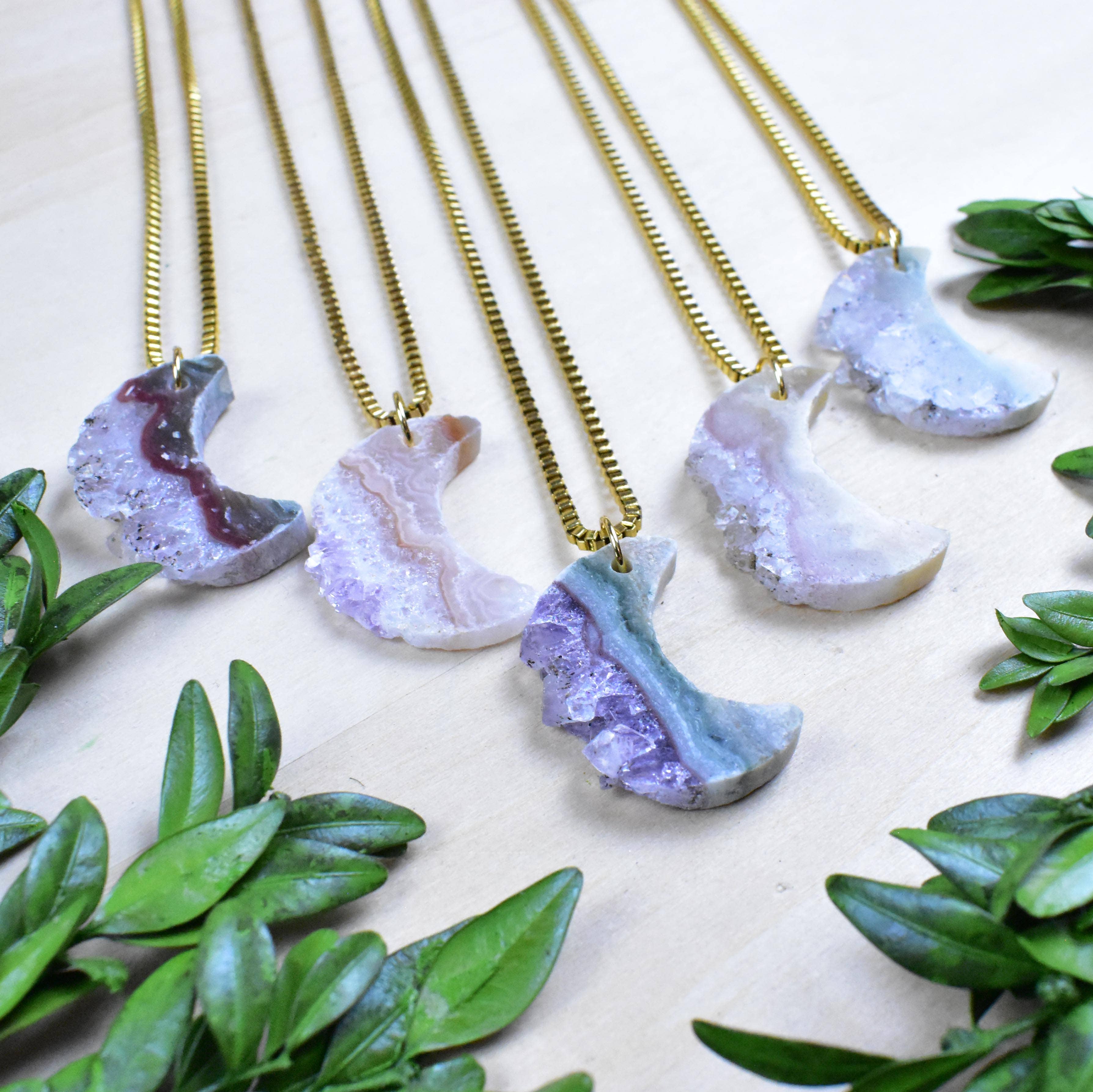 Ewelina Pas Jewelry - Wholesale Pendant/Charm Necklace - Gold Raw Crescent Moon Amethyst Slice Necklace2