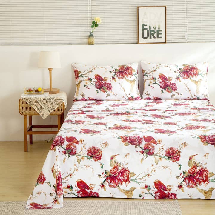 Tache Floral Hummingbirds Burgundy White Vintage Rose Garden Bed Sheet Set (SD-7676) for wholesale by Tache Home Fashion