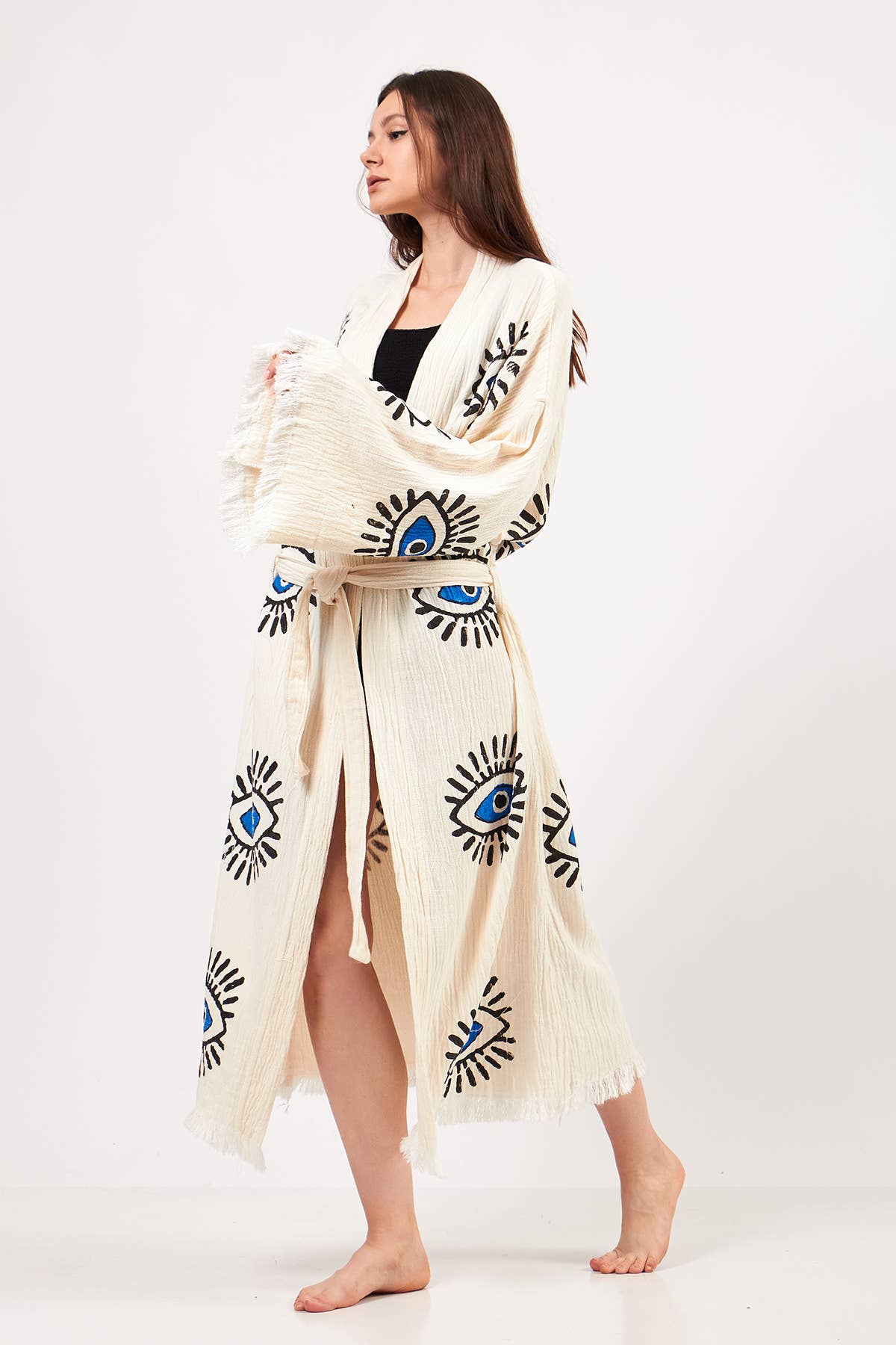 Yaz Concepts - Venta al por mayor Kimono - Mujer - Kimono Turco con Estampado de Ojo Turco Blanco y Azul10