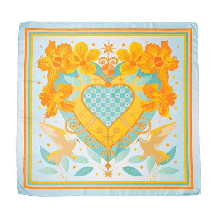 ZILEM - Vendita all'ingrosso Sciarpa - Donna - Lussuosa sciarpa quadrata turchese e arancione in twill di seta | Sciarpe artistiche originali di ispirazione haitiana di una piccola impresa | Azuei Mint Dream