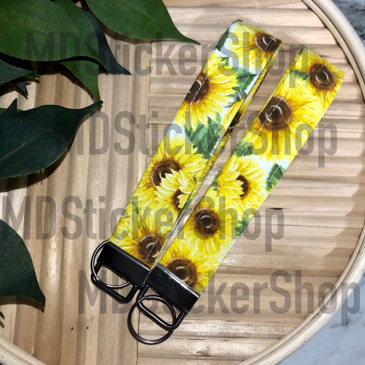 White Sunflower Print Fabric Wristlet Keychain, Key Fob for wholesale by MDStickerShop