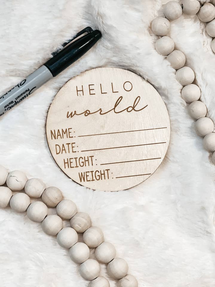 Hello World wooden engraved baby milestone for wholesale by SCREATIONS