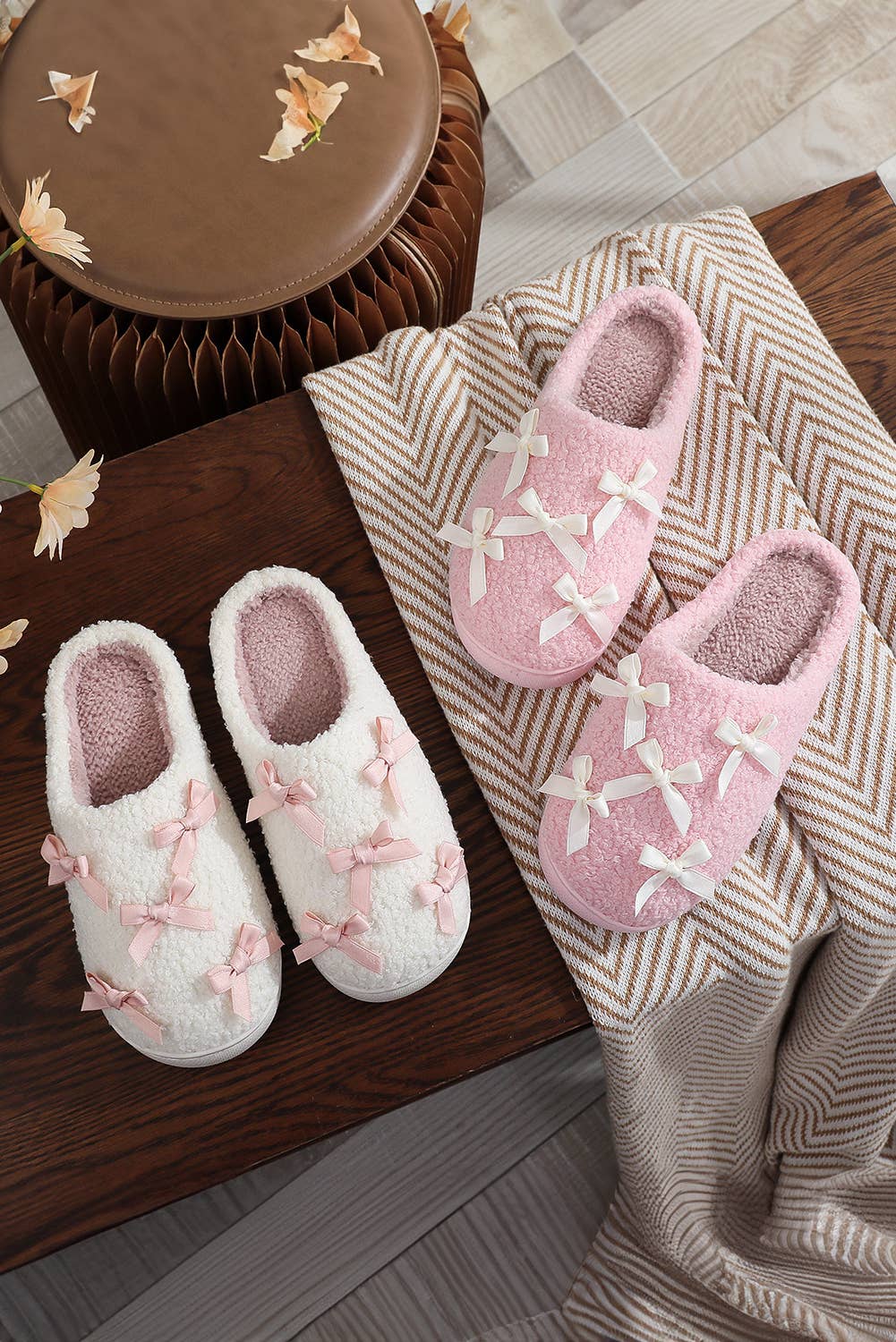 As shown Bow Knot Trim Plush Slippers | US6-11 for wholesale on Faire4