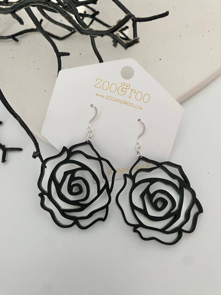 Black Rose Earrings | Acrylic Halloween Floral Jewelry for wholesale by zoo&roo