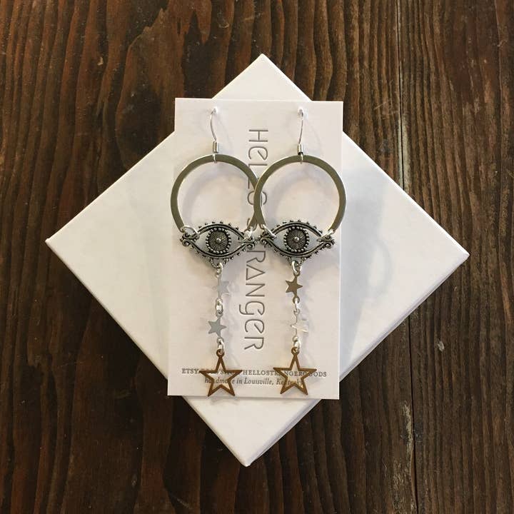 Handmade Starry Crescent Dangle Earrings Nickel Free USA for wholesale by Hello Stranger