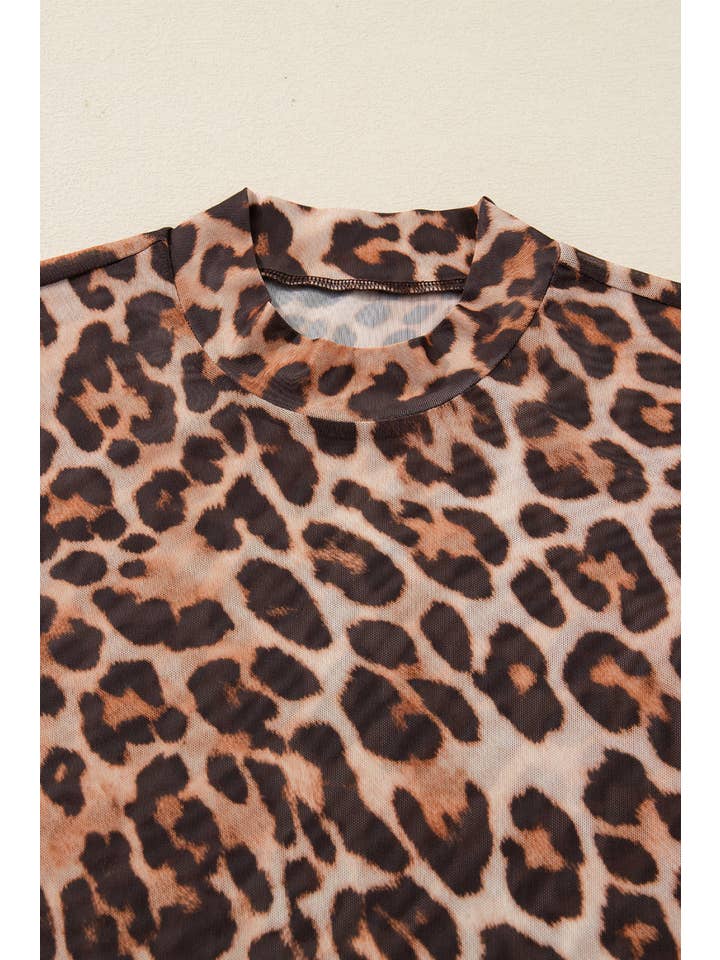 Brown Leopard Mesh Mock Neck Long Sleeve Top for wholesale on Faire2