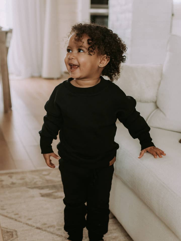 Black organic terry cotton evolving crewneck for wholesale by Kim & Joe