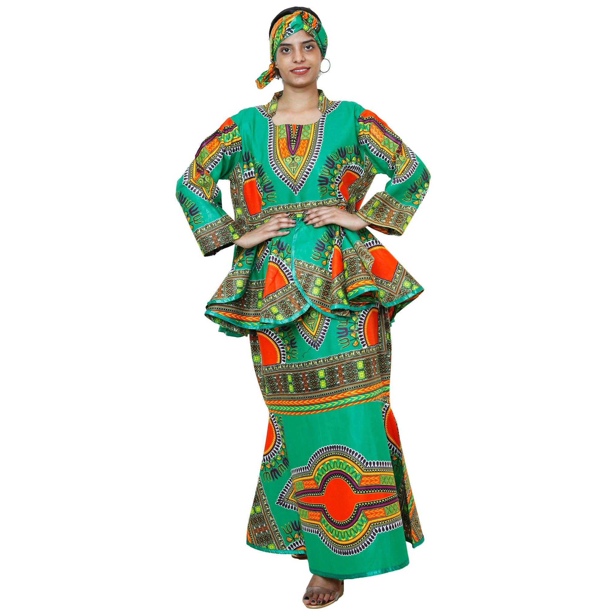African Stars - Wholesale Top & Skirt Set - Women's - African Women's Dashiki Long Sleeve Peplum Skirt Set -- FI-3009D5