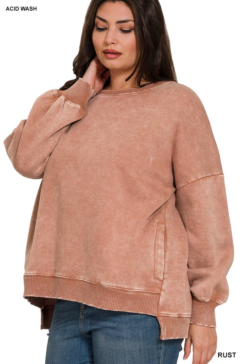 42POPS - Wholesale Sweatshirt - Women's - .Plus Acid Wash Fleece Hi Low Hem Pullover With Pockets2