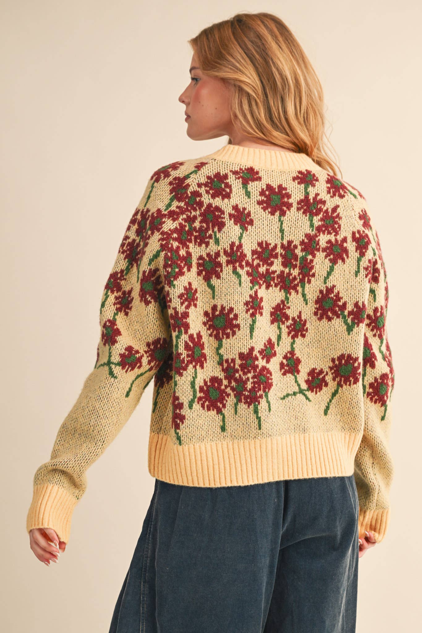 &MERCI - Wholesale Cardigan - Women's - FLORAL KNIT BUTTON DOWN SWEATER CARDIGAN MSW1123819