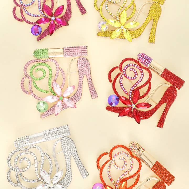 Glam Girl Gemstone Lip Stick High Heel Brooch Pin for wholesale by SP Sophia Collection