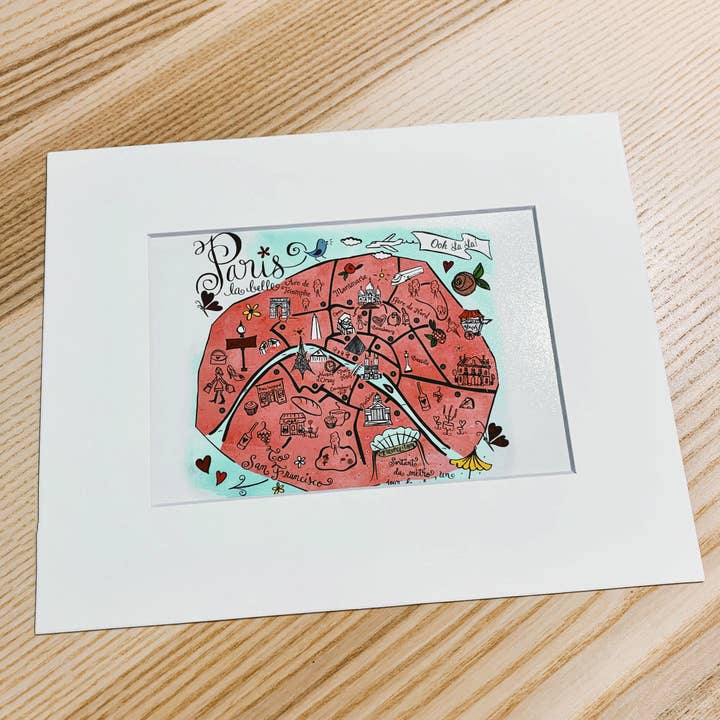 Parijs Frankrijk Geïllustreerde kaart 8x10 Matted Art Print voor wholesale door Gooseberry Designs