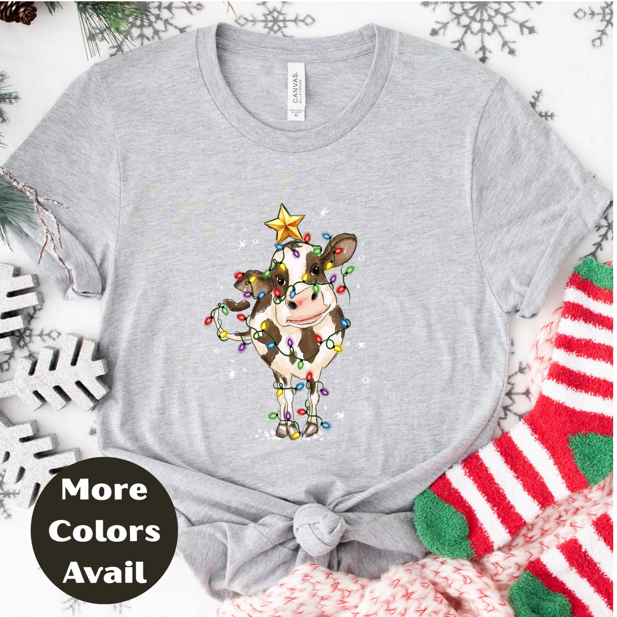 Epic Life  - Designed - Wholesale Screen Printed T-Shirt - Women's - Christmas Lights Country Cow Shirt or Sweatshirt – Cute Holiday Farm Top Small - 4XL and Plus Size – Multiple Colors6
