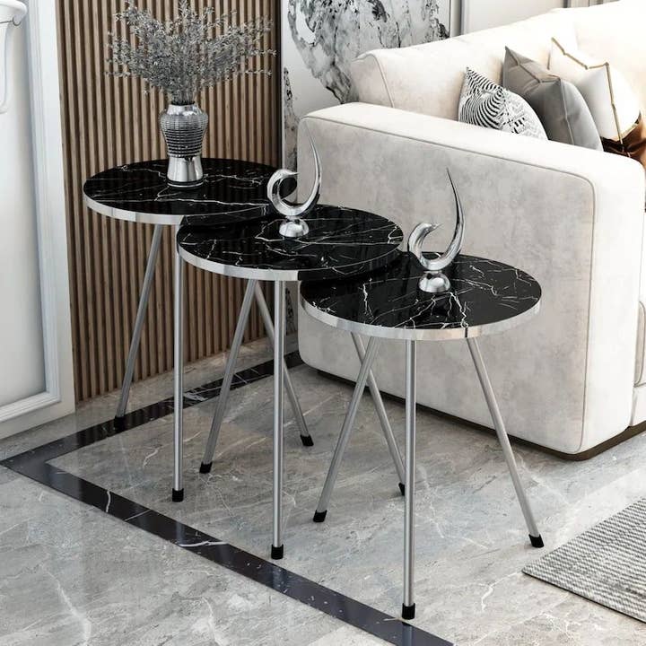 Nest De 3 Mesas Pretas Com Pernas Tubo Metal Prateado por atacado de Woohoo Sleep Like a Bear