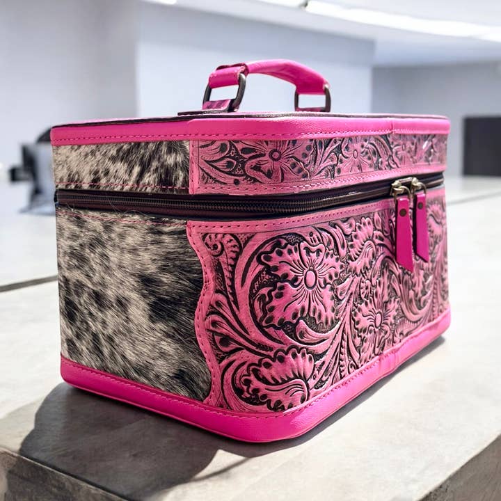 Pink tooled & cowhide jewelry box  for wholesale by Western Linens