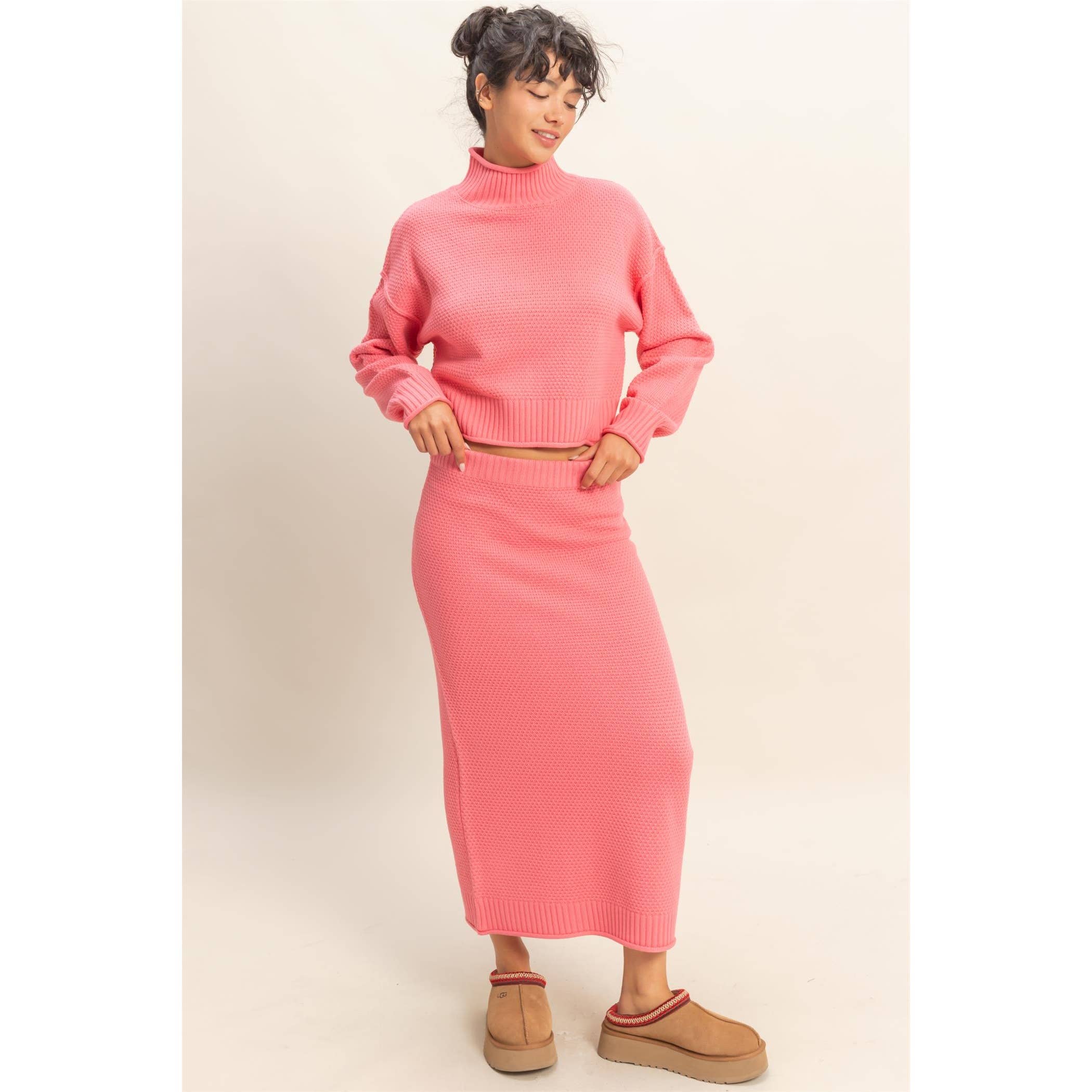 Double Zero - Wholesale Top & Skirt Set - Women's - Textured High Neck Sweater & Skirt Set0
