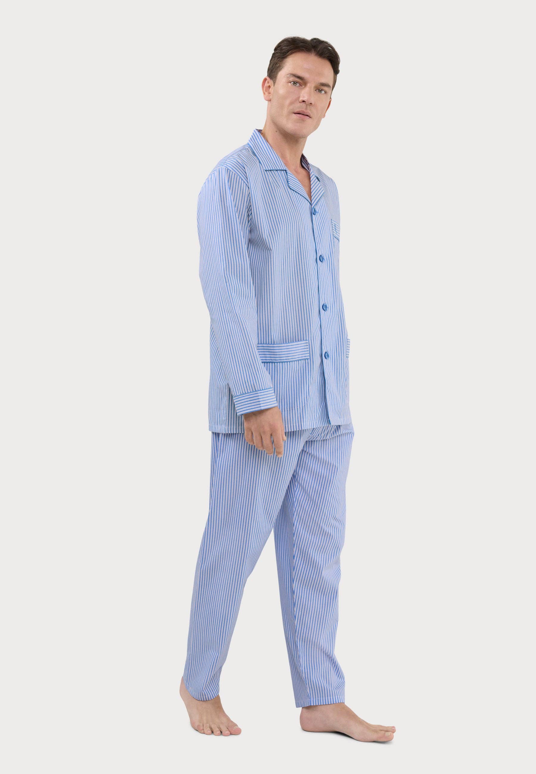 Men's Long Lapel Pajamas Cotton Poplin - Blue 2993 for wholesale on Faire1