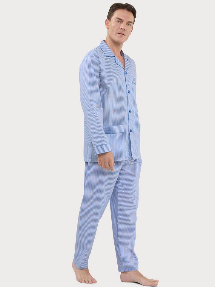 Men's Long Lapel Pajamas Cotton Poplin - Blue 2993 for wholesale on Faire1
