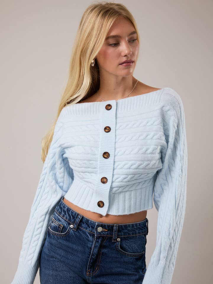 OFF-SHOULDER BUTTON DOWN SWEATER TOP for wholesale by LE LIS