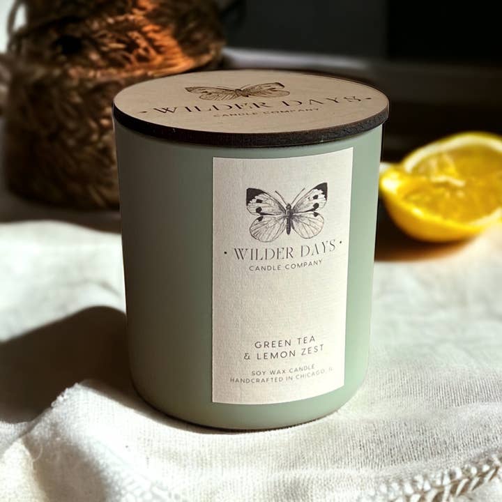 Green Tea & Lemon Zest X Wood Wick Soy Candle for wholesale by Wilder Days Candle Company