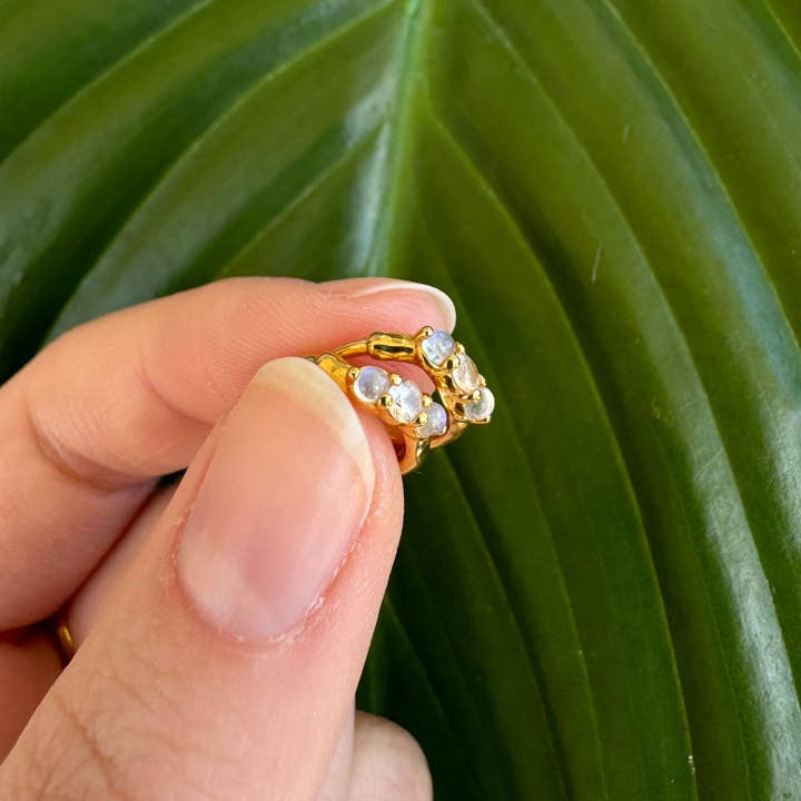 Organic Moonstone and White Sapphire Huggie Earrings - Gold for wholesale by Lupine Lane Co.