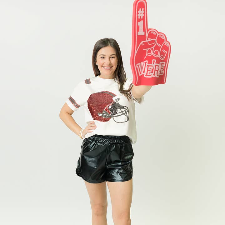 Red And Black Sequin Helmet Adult Shirt for wholesale by Belle Cher