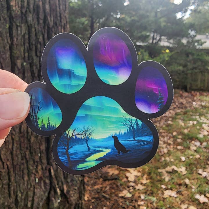 National Parks and Beyond - Wholesale Sticker - Northern Lights Paw Print Sticker – Dog and Aurora Design1