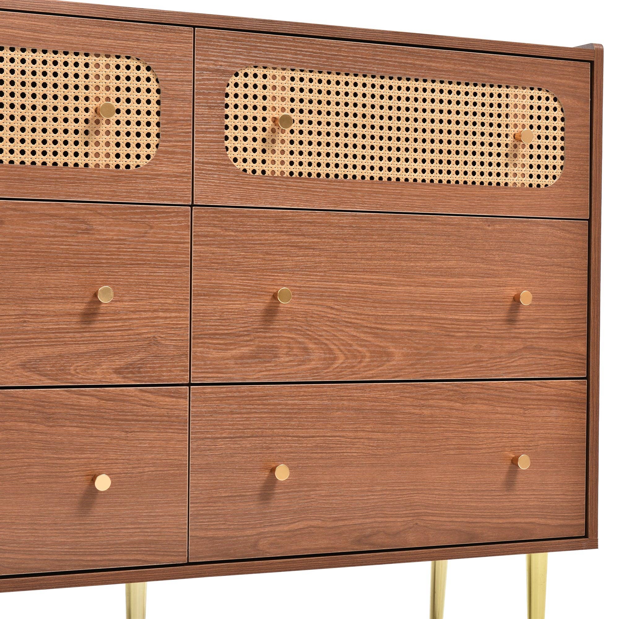 Urban Meuble - Wholesale Cabinet - Vintage sideboard with 6 rattan drawers, golden handles and legs, 120*90*40cm DELMO8