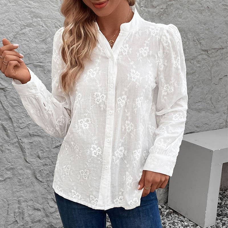 BLANCO Blusa blanca de manga larga con bordado de encaje de venta al por mayor en Faire4