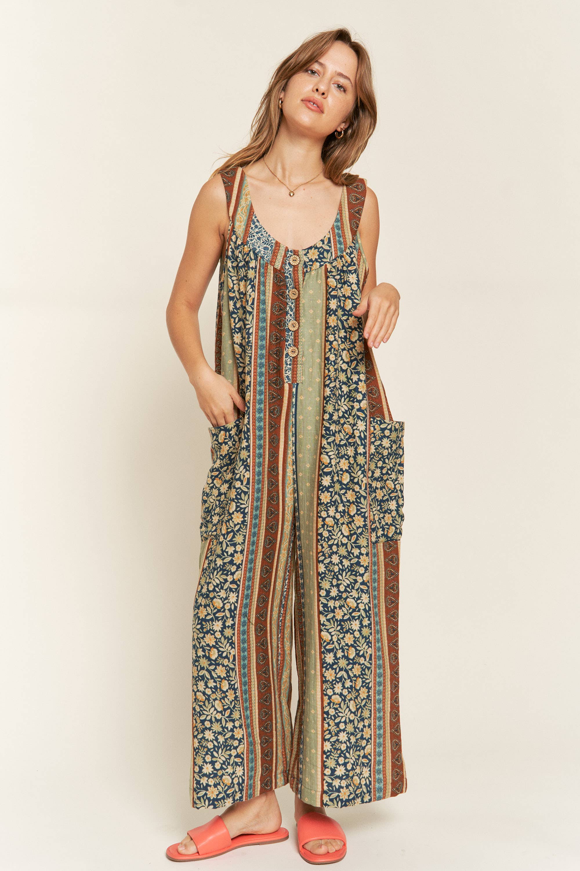 JADE BY JANE - Wholesale Jumpsuit - Women's - SLEEVELESS COLOR BLOCK FLORAL PRINT STRAIGHT LEG JUMPSUIT