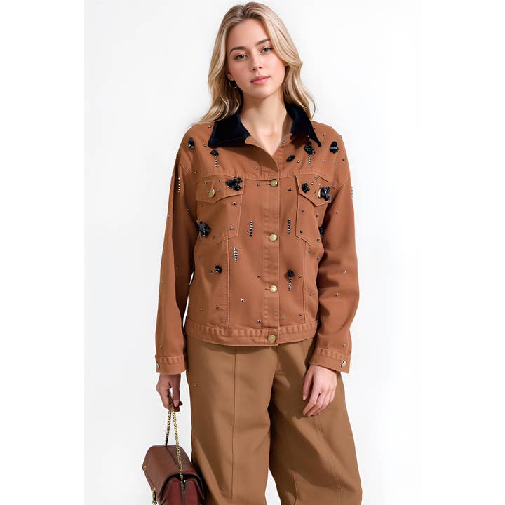 X0170LT Beaded Floral Denim Jacket for wholesale by XHHH Inc