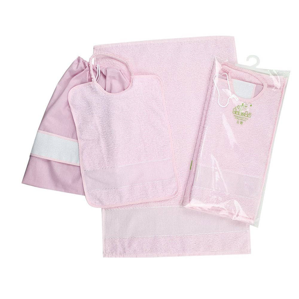 Almatex srl - Vente Ensembles de serviettes - Ensemble 3 pièces RICAMA TU : serviette+bavoir avec bande élastique+sac avec bande brodée0