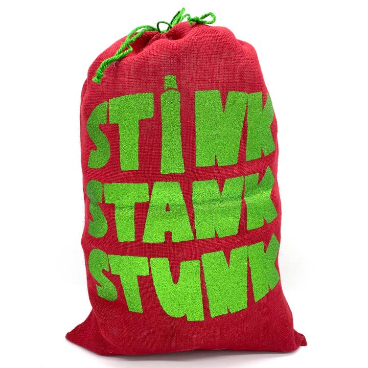 LUX FRAGRANCES - Wholesale Gift Sack - "STINK, STANK, STUNK" GLITTER PRINT IN RED SANTA SACK MIN 6