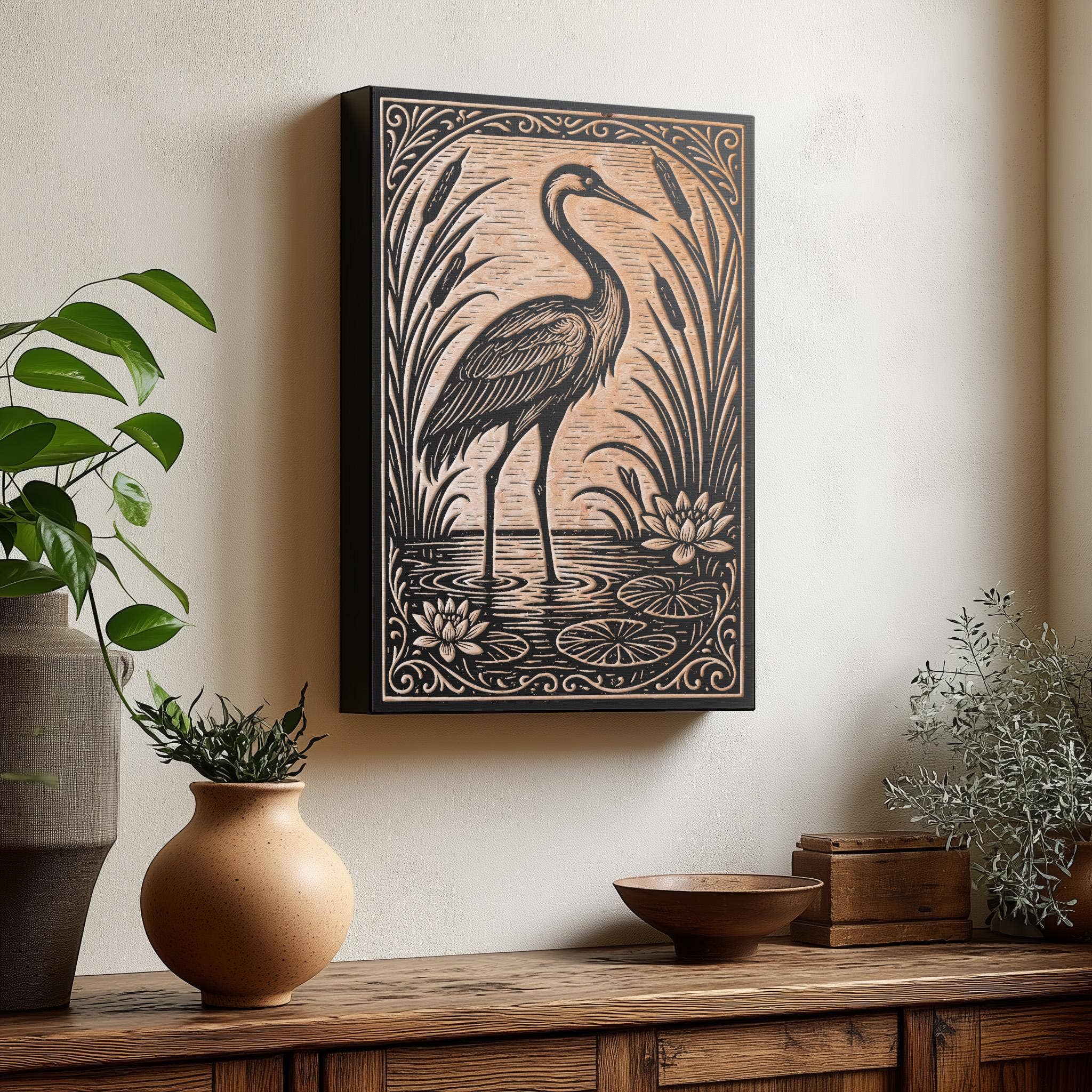 Benoit's Design Co. - Wholesale Wall Sign - Crane in the Lily Pond Engraved Birch Illustration0