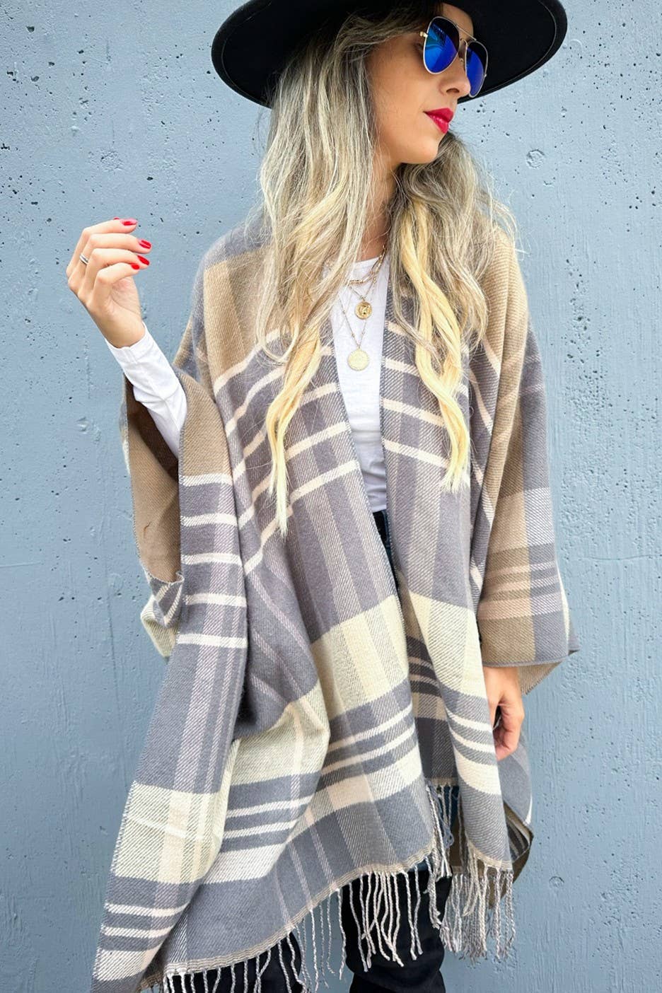 Grey Multi-Check Printed Ruana Cardigan With Tassel  for wholesale on Faire5