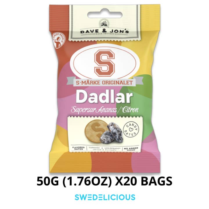 S-Mark Datteln Sauer Ananas Zitrone - Schwedische Süßigkeitentüten für den Großhandel von Swedelicious - Swedish Candy