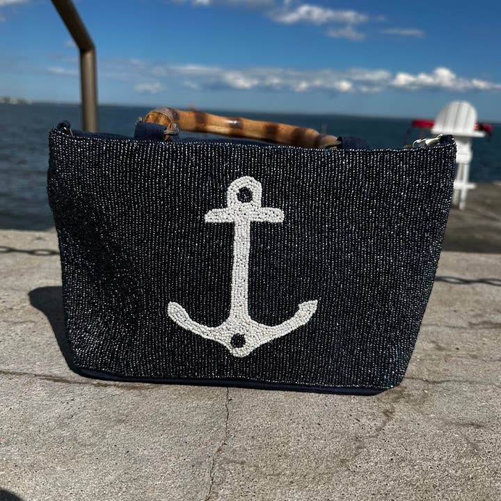 NAVY JANE - Wholesale Clutch Bag - Women's - Navy With White Anchor Beaded Purses0