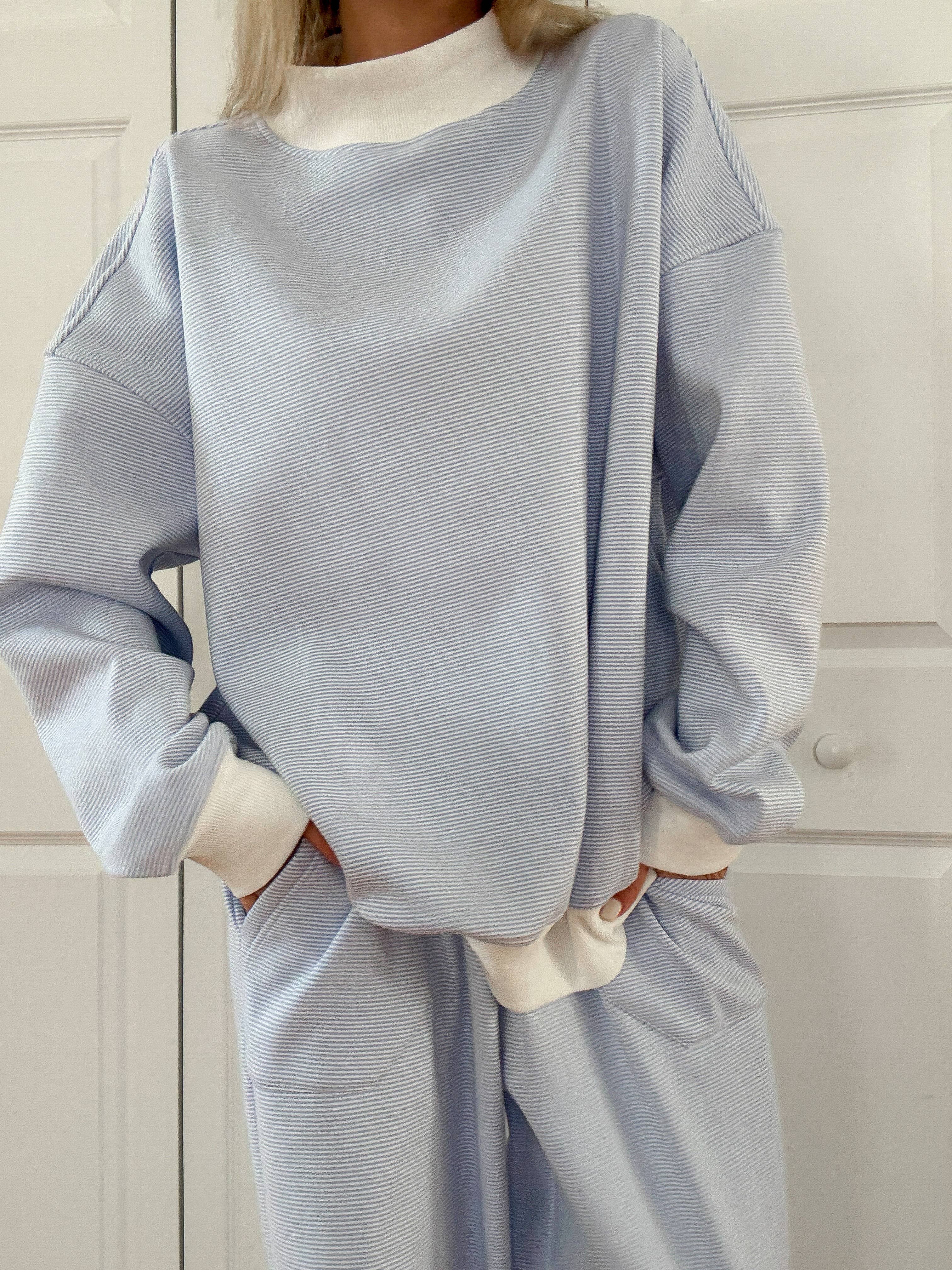 Blue and White Mini Striped Mockneck Sweatshirt for wholesale on Faire6