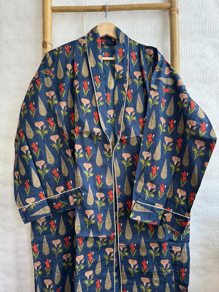 Kimono peignoir en coton pour homme imprimé à la main pour la vente par Essential Designs London