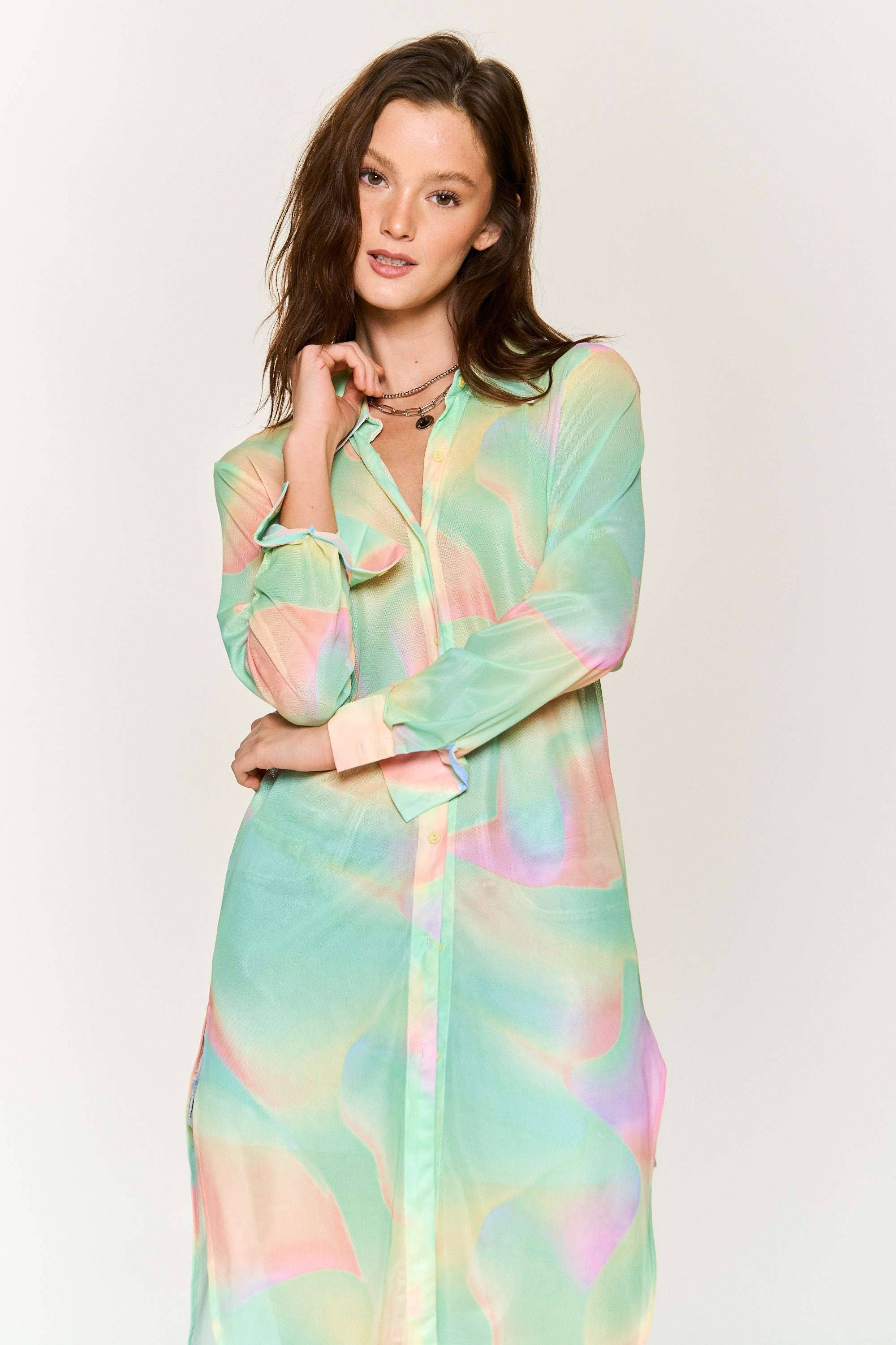 Hers & Mine - Wholesale Button Down Shirt - Women's - MESH TIE DYE BUTTON DOWN TUNIC SHIRT12