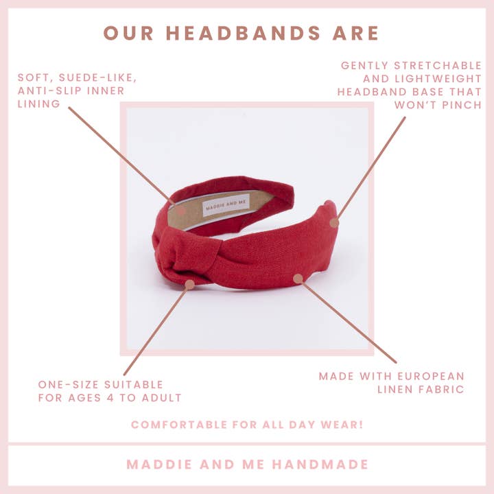 Maddie and Me Handmade - Wholesale Fashion Headband - Women's - 4th of July Red European Linen Comfortable Knotted Headband