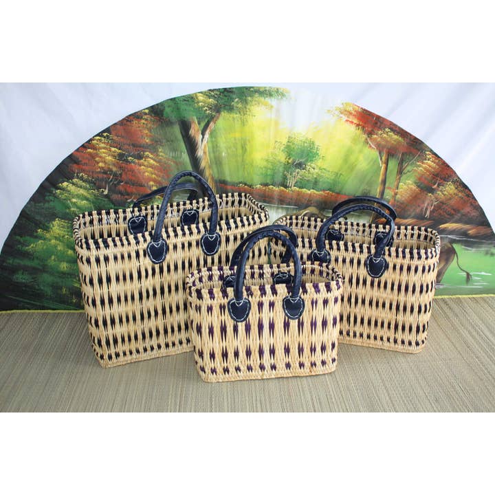 Superb Blue & Natural Basket - Hand woven - tote bag - 3 SIZES - ideal shopping, markets... wicker reed straw for wholesale by Boutique Huléti