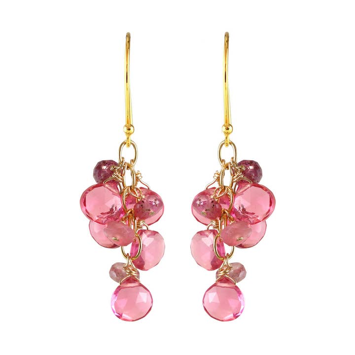 Boucles d'oreilles cascade en or avec quartz rubellite et saphir rose pour la vente par Alicia Van Fleteren Jewelry Design