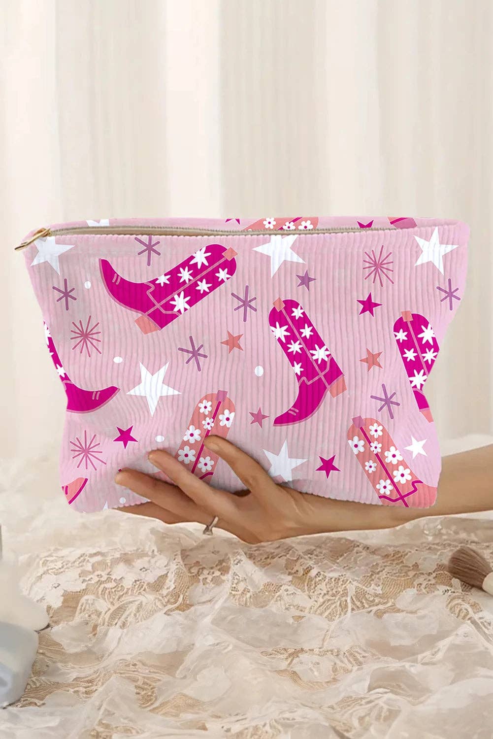 Pink Western Cowboy Boots Star Print Large Makeup Bag for wholesale on Faire1