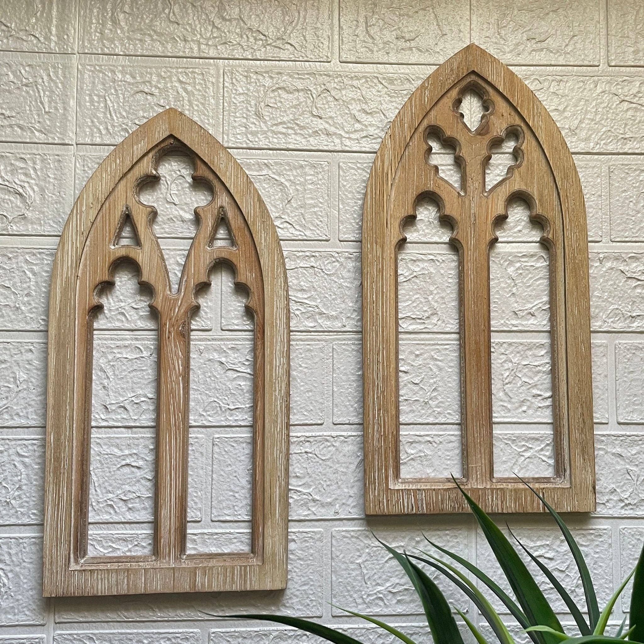 Zeckos - Wholesale Wall Accent - Set of 2 Washed Wood Gothic Arch Window Frame Wall Hangings 18